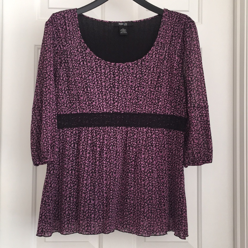 Style & Co. Women’s Top L Purple Black Lace Cinched Waist 3/4 Sleeves Lining